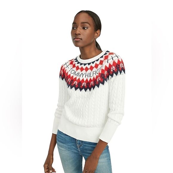 Tommy Hilfiger Sweaters - Tommy Hilfiger Fair Isle Logo Argyle Crewneck Cable Sweater Medium